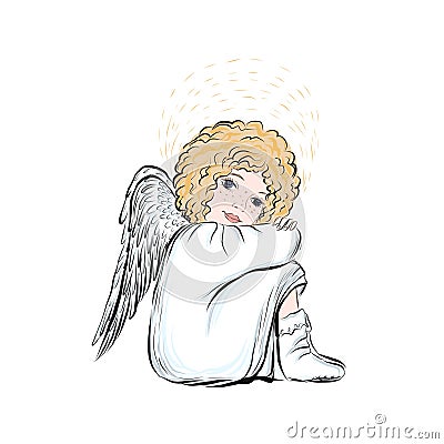 Angel baby with gold halo and wings. Vector Illustration